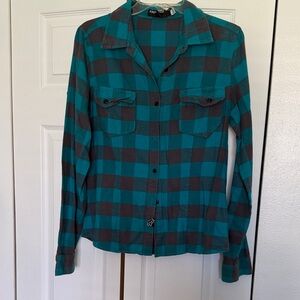 Fox Teal and Black Plaid Button-Up Shirt